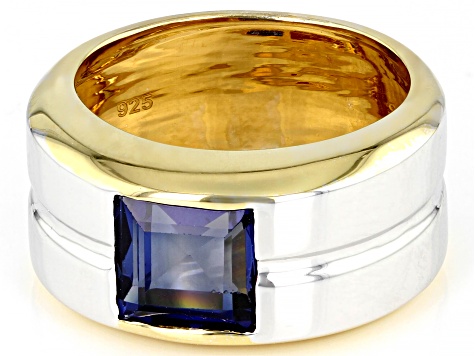 Blue Lab Sapphire Rhodium & 18k Yellow Gold Over Sterling Silver Two-Tone Men's Ring 1.98ct