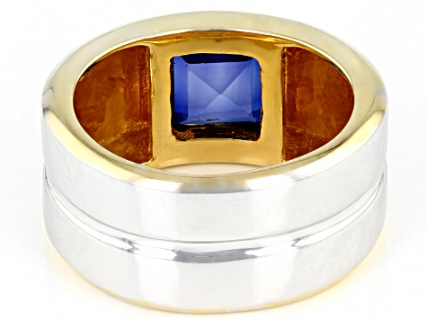 Blue Lab Sapphire Rhodium & 18k Yellow Gold Over Sterling Silver Two-Tone Men's Ring 1.98ct