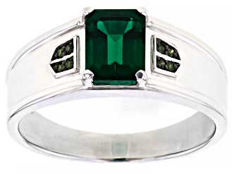 Green Lab Created Emerald With Green Diamond Accent Rhodium Over Sterling Silver Men's Ring 1.39ctw