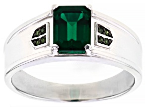 Green Lab Created Emerald With Green Diamond Accent Rhodium Over Sterling Silver Men's Ring 1.39ctw