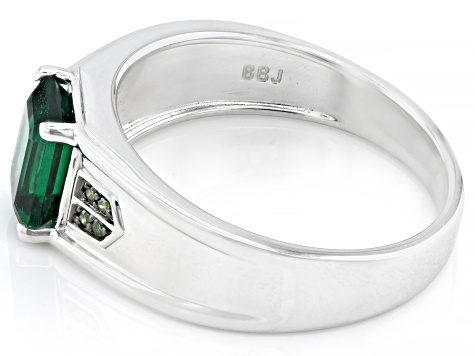 Green Lab Created Emerald With Green Diamond Accent Rhodium Over Sterling Silver Men's Ring 1.39ctw