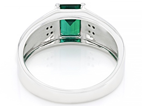 Green Lab Created Emerald With Green Diamond Accent Rhodium Over Sterling Silver Men's Ring 1.39ctw