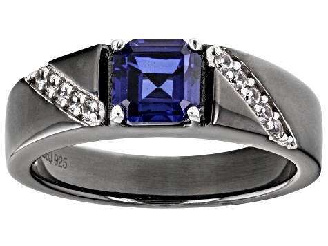 Blue Lab Created Sapphire Black Rhodium Over Sterling Silver Men's Ring 1.55ctw