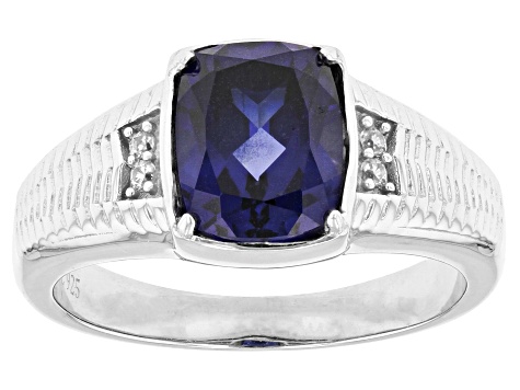Blue Lab Created Sapphire Rhodium Over Sterling Silver Men's Ring 2.74ctw