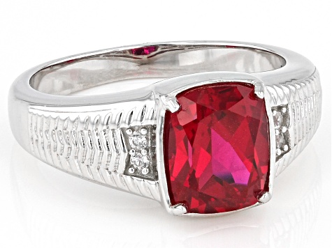 Red Lab Created Ruby Rhodium Over Sterling Silver Men's Ring 3.64ctw