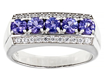 Picture of Blue Tanzanite With White Zircon Rhodium Over Sterling Silver Men's Ring 1.68ctw