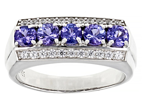 Blue Tanzanite With White Zircon Rhodium Over Sterling Silver Men's Ring 1.68ctw
