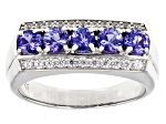 Blue Tanzanite With White Zircon Rhodium Over Sterling Silver Men's Ring 1.68ctw