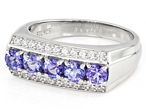 Blue Tanzanite With White Zircon Rhodium Over Sterling Silver Men's Ring 1.68ctw