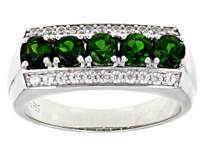 Green Chrome Diopside With White Zircon Rhodium Over Sterling Silver Men's Ring 1.77ctw