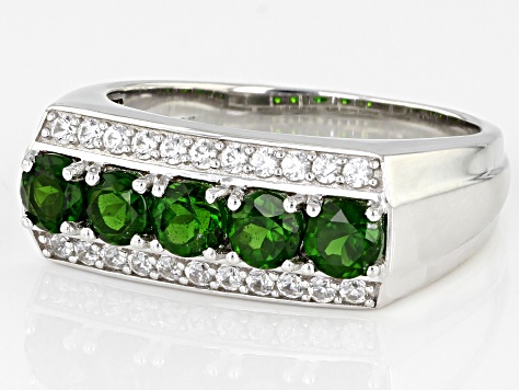 Green Chrome Diopside With White Zircon Rhodium Over Sterling Silver Men's Ring 1.77ctw