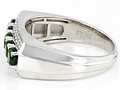 Green Chrome Diopside With White Zircon Rhodium Over Sterling Silver Men's Ring 1.77ctw