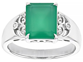 Green Onyx With White Zircon Rhodium Over Sterling Silver Men's Ring .07ctw