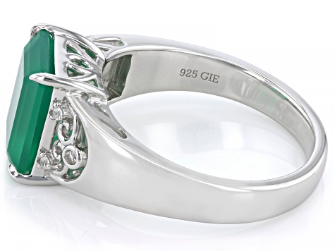 Green Onyx With White Zircon Rhodium Over Sterling Silver Men's Ring .07ctw