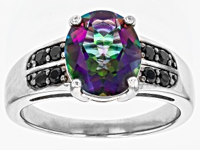 Multi-Color Quartz with Black Spinel Rhodium Over Sterling Silver Men's Ring 3.16ctw