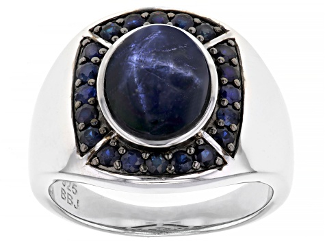 Blue Star Sapphire Rhodium Over Sterling Silver Men's Ring 6.90ctw