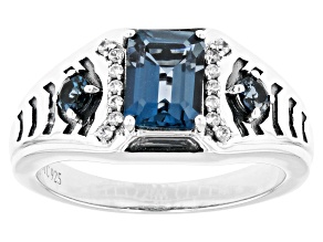 London Blue Topaz With White Zircon Rhodium Over Sterling Silver Men's Ring 2.17ctw