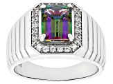 Mystic Fire® Green Topaz Rhodium Over Sterling Silver Men's Ring 2.98ctw