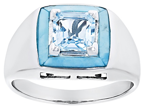 Sky Blue Glacier Topaz with Turquoise Rhodium Over Sterling Silver Men's Ring 1.50ct