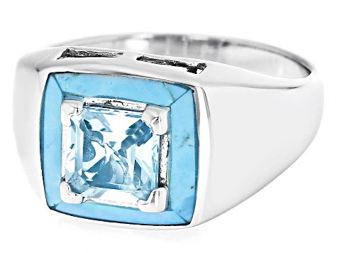 Sky Blue Topaz with Turquoise Rhodium Over Sterling Silver Men's Ring 1.50ct