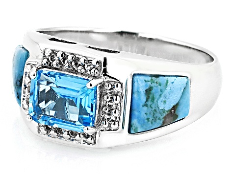 Swiss Blue Topaz with Turquoise & White Topaz Rhodium Over Silver Men's Ring 1.53ctw