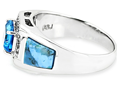 Swiss Blue Topaz with Turquoise & White Topaz Rhodium Over Silver Men's Ring 1.53ctw