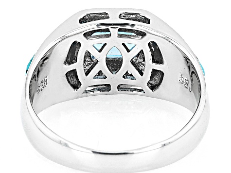 Swiss Blue Topaz with Turquoise & White Topaz Rhodium Over Silver Men's Ring 1.53ctw