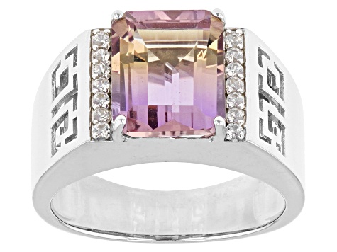 Bi-color Ametrine With White Zircon Rhodium Over Sterling Silver Men's Ring 3.51ctw