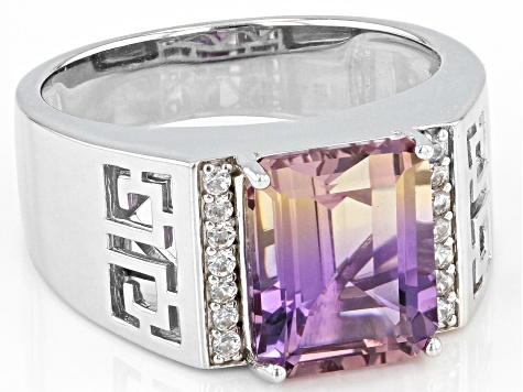 Bi-color Ametrine With White Zircon Rhodium Over Sterling Silver Men's Ring 3.51ctw