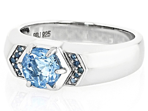 Swiss Blue Topaz With Blue Diamond Accent Rhodium Over Sterling Silver Men's Ring 1.42ctw