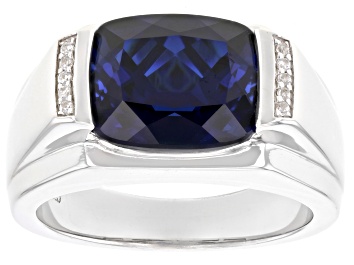 Picture of Blue Lab Created Sapphire With White Zircon Rhodium Over Sterling Silver Men's Ring 5.63ctw