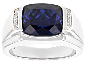Blue Lab Created Sapphire With White Zircon Rhodium Over Sterling Silver Men's Ring 5.63ctw