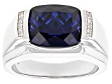 Blue Lab Created Sapphire With White Zircon Rhodium Over Sterling Silver Men's Ring 5.63ctw