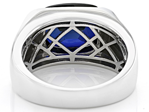 Blue Lab Created Sapphire With White Zircon Rhodium Over Sterling Silver Men's Ring 5.63ctw