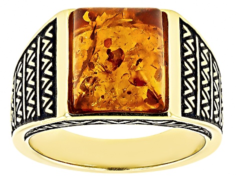 Orange Amber 18k Yellow Gold Over Sterling Silver Men's Ring