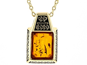 Picture of Orange Amber 18k Yellow Gold Over Sterling Silver Men's Pendant with Chain