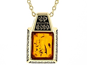 Orange Amber 18k Yellow Gold Over Sterling Silver Men's Pendant with Chain