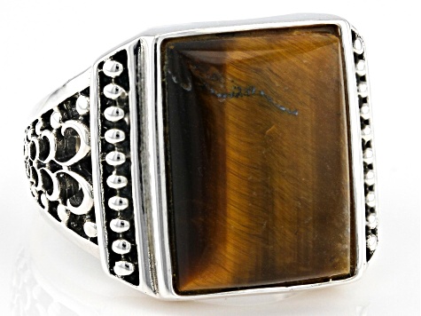 Brown Tigers Eye Rhodium Over Sterling Silver Men's Ring