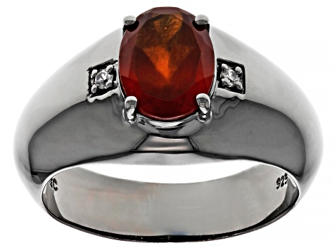 Orange Hessonite With White Zircon Black Rhodium Over Sterling Silver Men's Ring 1.98ctw