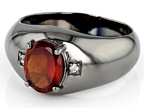 Orange Hessonite With White Zircon Black Rhodium Over Sterling Silver Men's Ring 1.98ctw