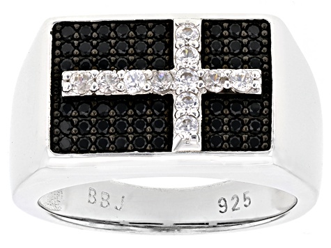 Black Spinel With White Zircon Rhodium Over Sterling Silver Men's Cross Ring .78ctw
