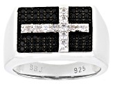 Black Spinel With White Zircon Rhodium Over Sterling Silver Men's Cross Ring .78ctw