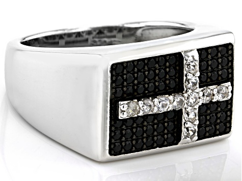 Black Spinel With White Zircon Rhodium Over Sterling Silver Men's Cross Ring .78ctw