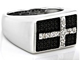 Black Spinel With White Zircon Rhodium Over Sterling Silver Men's Cross Ring .78ctw