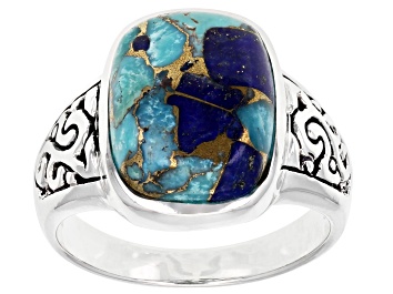 Picture of Blended Composite Turquoise and Lapis Lazuli Rhodium Over Sterling Silver Men's Ring