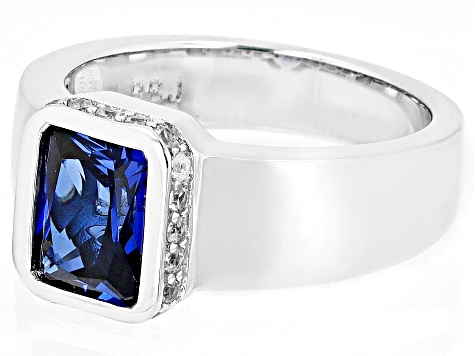 Blue Lab Created Sapphire With White Zircon Rhodium Over Sterling Silver Men's Ring 2.91ctw