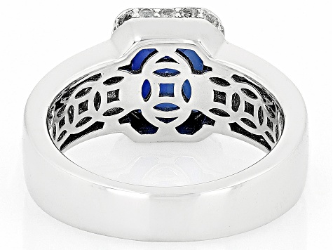 Blue Lab Created Sapphire With White Zircon Rhodium Over Sterling Silver Men's Ring 2.91ctw