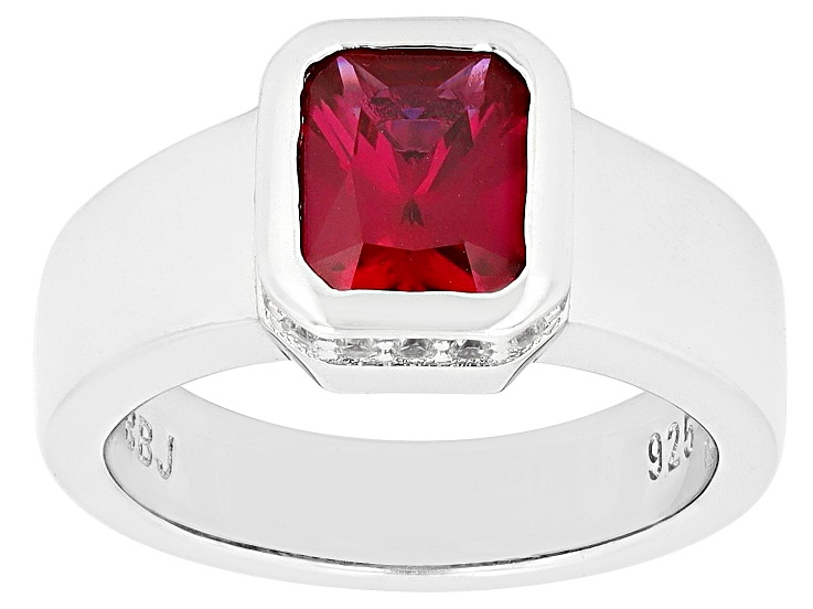 Red Lab Created Ruby With White Zircon Rhodium Over Sterling Silver Men's Ring 2.91ctw