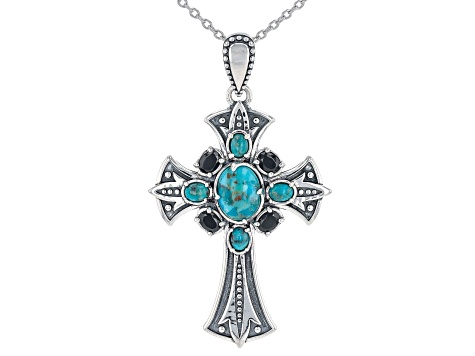 Blue Turquoise With Black Spinel Rhodium Over Sterling Silver Men's Cross Pendant With Chain .78ctw