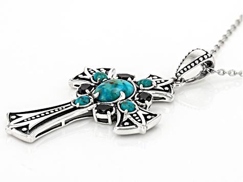 Blue Composite Turquoise With Black Spinel Rhodium Over Silver Men's Cross Pendant With Chain .78ctw